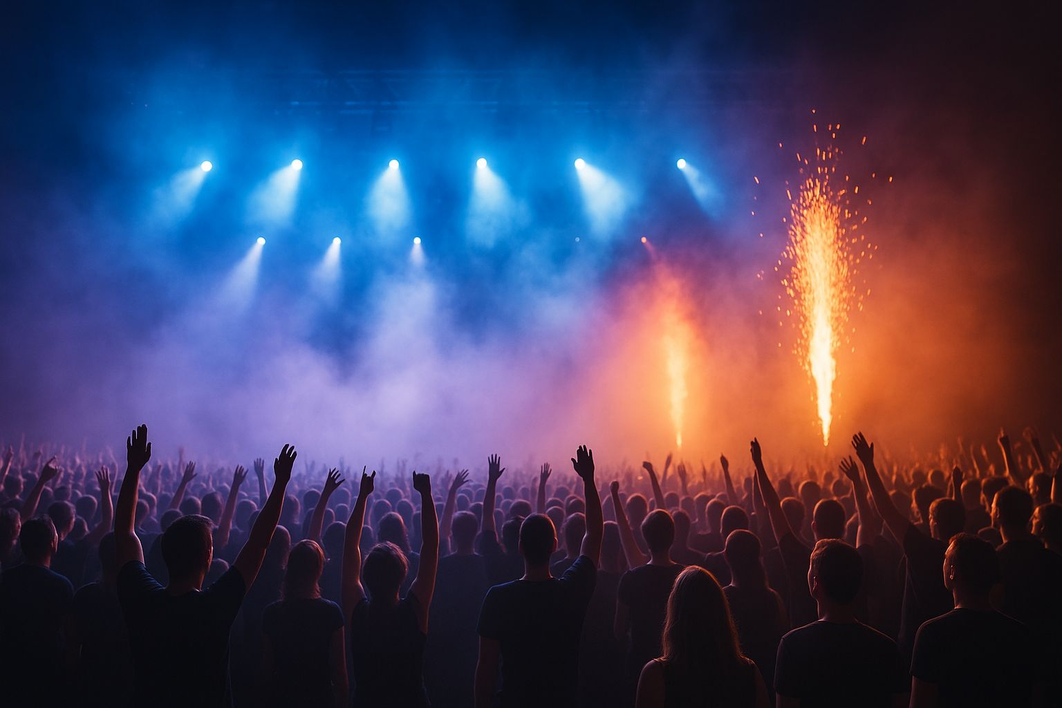 Festivalbesucher feiern mit erhobenen Händen vor bunter Bühnenbeleuchtung