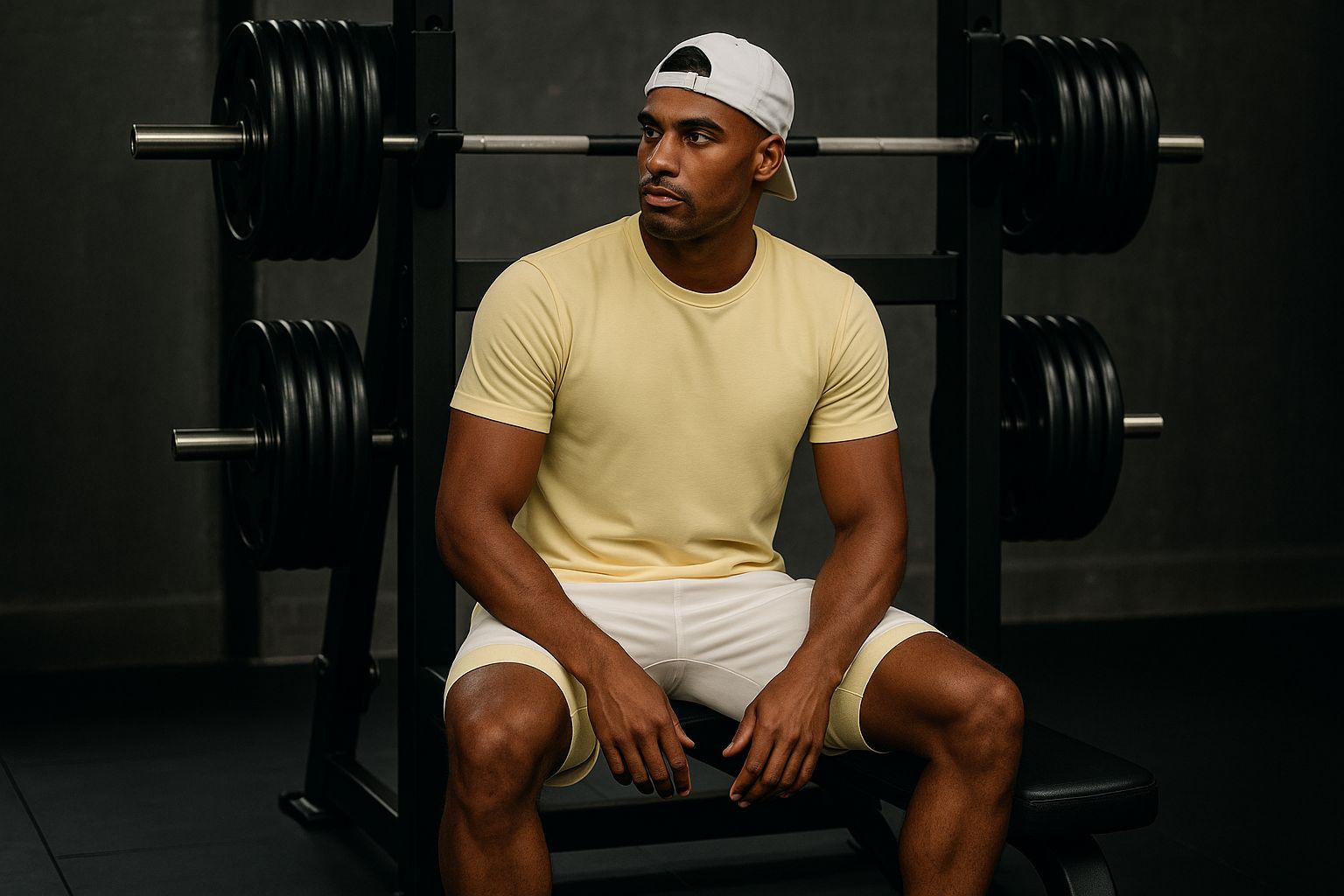 Frau in violetter Sportkleidung posiert vor einem lila Hintergrund.