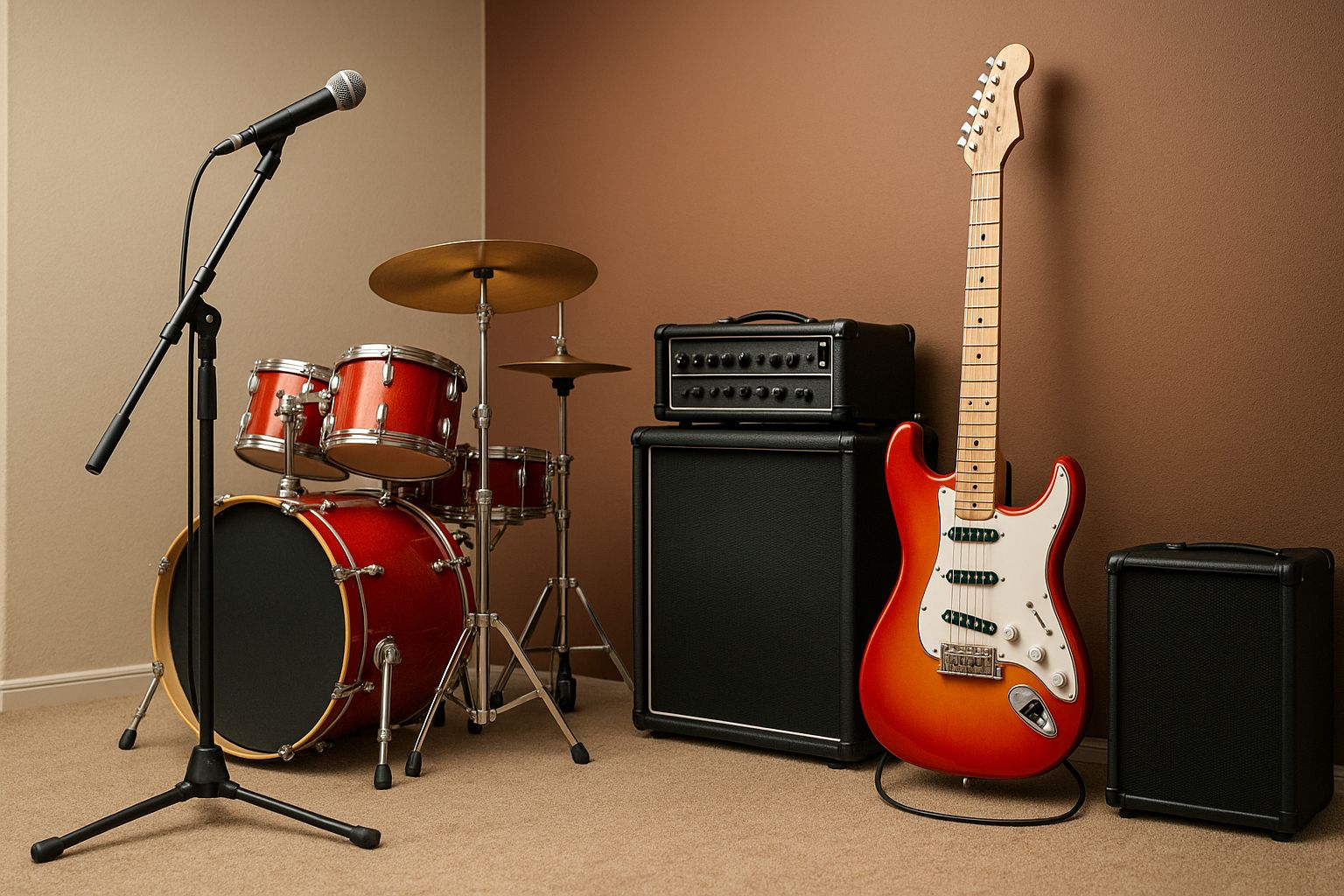 Nahaufnahme eines Mikrofonständers und Gitarrenverstärkers im Proberaum, bereit für Musik.